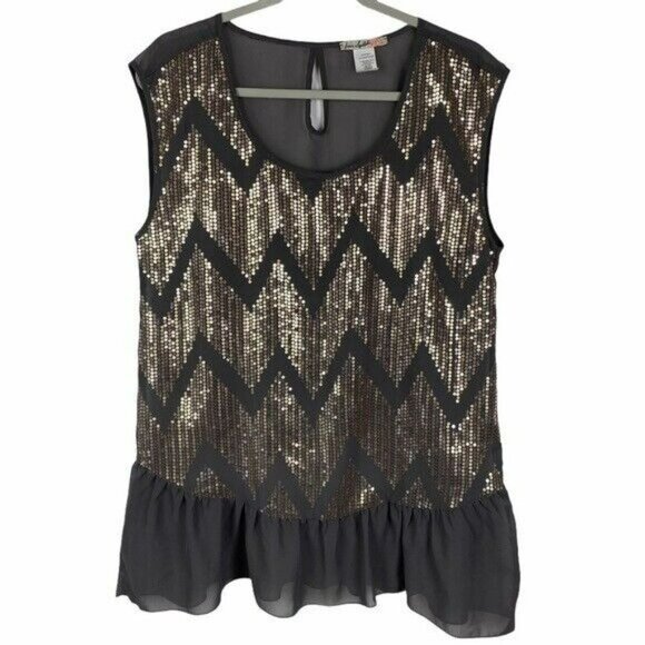 Love Squared Sequin Chevron Keyhole Ruffle Hem Blouse Women's Large Gray Taupe - Picture 7 of 7